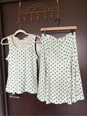 Vi rage Green Polka Dot Midi Skirt and Tank set - White & Green